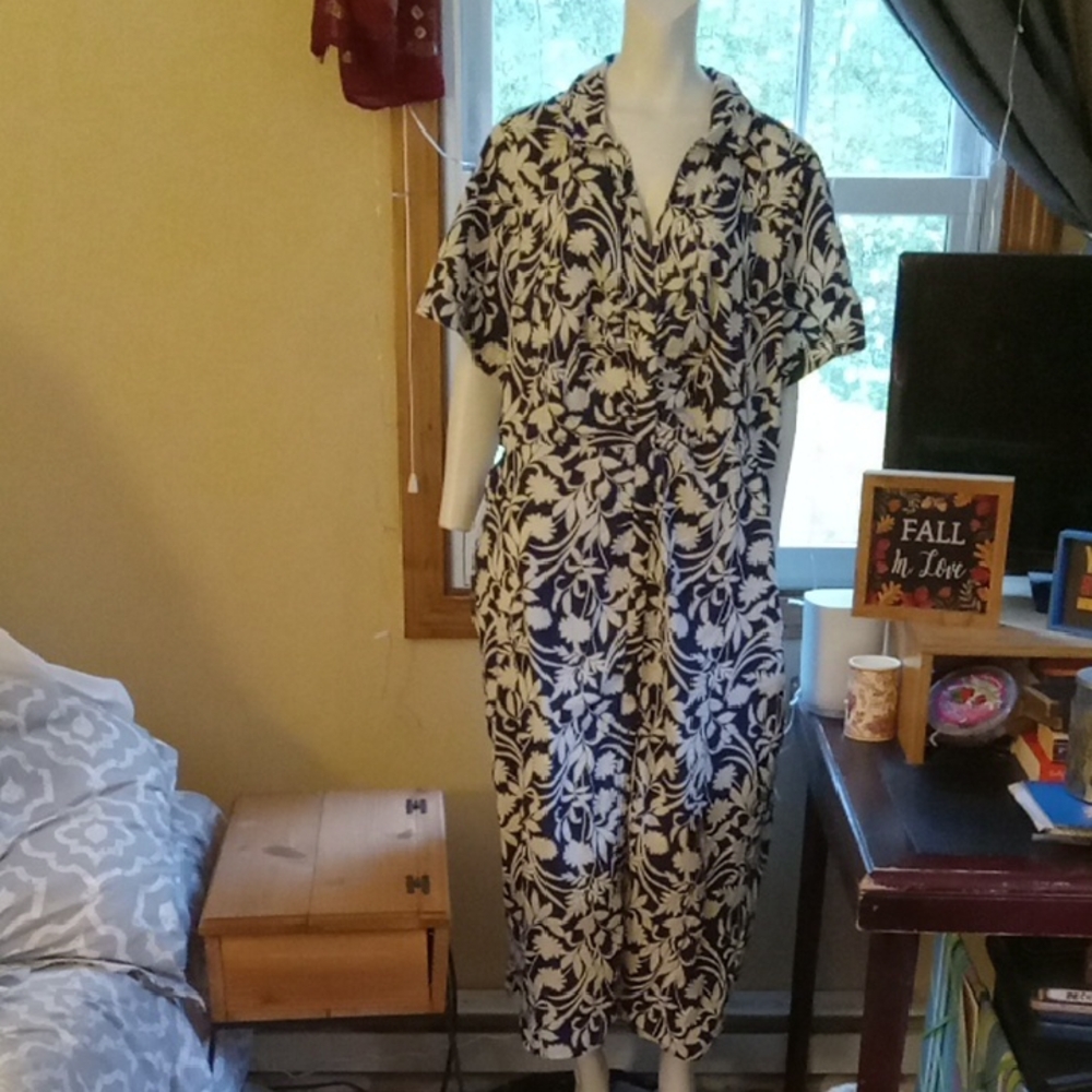 Floral Navy Blue and White Dress